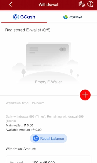 Step 1: Select the GCash withdrawal method and click the colored plus icon to add a GCash account.