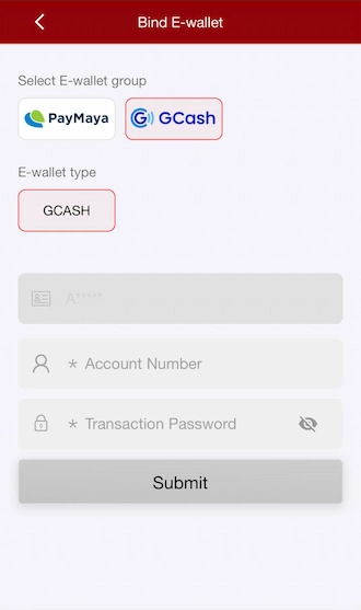 Step 2: Fill in your GCash account number and enter your transaction password. Click Submit to complete.