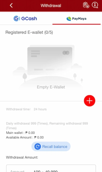 Step 1: Select the PayMaya withdrawal method and click the colored plus icon to add a GCash account.